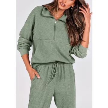 PRETTYGARDEN Womens 2 Piece Sweatsuits Set Long Sleeve Half Zip Pullover Sweatshirt Joggers Sweatpants Spring Outfits Tracksuit (Light Green,Large)
