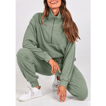 PRETTYGARDEN Womens 2 Piece Sweatsuits Set Long Sleeve Half Zip Pullover Sweatshirt Joggers Sweatpants Spring Outfits Tracksuit (Light Green,Large)