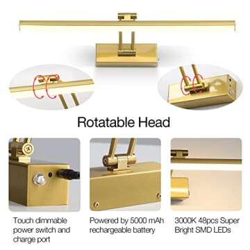 FUNCHDAY Wireless Picture Light,5000mAh Battery Operated Picture Light with Remote, Art Light with Timer,16“ Full Metal Picture Frame Light for Paintings, Gallery,Wall (Brass)