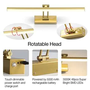 FUNCHDAY Wireless Picture Light,5000mAh Battery Operated Picture Light with Remote, Art Light with Timer,16“ Full Metal Picture Frame Light for Paintings, Gallery,Wall (Brass)