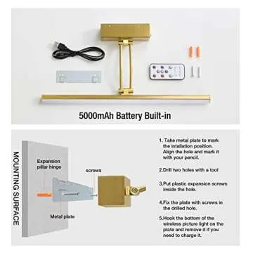 FUNCHDAY Wireless Picture Light,5000mAh Battery Operated Picture Light with Remote, Art Light with Timer,16“ Full Metal Picture Frame Light for Paintings, Gallery,Wall (Brass)