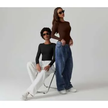 QINSEN Women's Crew Neck Bodysuit Sexy Double Lined Long Sleeve Slimming Tops Chestnut S