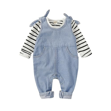 Stylish Newborn Baby Girl Autumn Outfit: Denim Jumpsuit & Long Sleeve Shirt