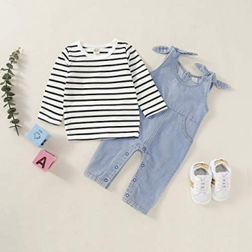 Charming Baby Girls’ Denim Overalls & Striped Shirt
