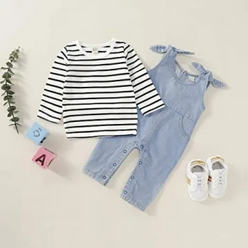 Charming Baby Girls’ Denim Overalls & Striped Shirt