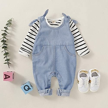 Charming Baby Girls’ Denim Overalls & Striped Shirt