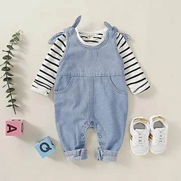 Charming Baby Girls’ Denim Overalls & Striped Shirt