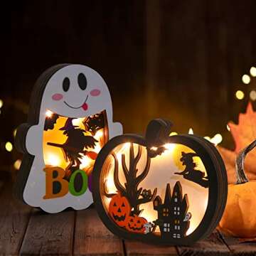 SULOLI Halloween Wooden Lighted Pumpkin and Ghost Lantern Set - Whimsical Tabletop Decor
