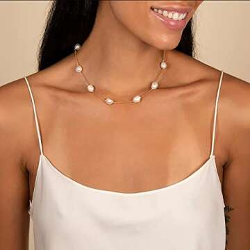 Cowlyn 18K Gold Satellite Choker Necklace Irregular Baroque Pearl Link Figaro Chain Dainty Handmade ...