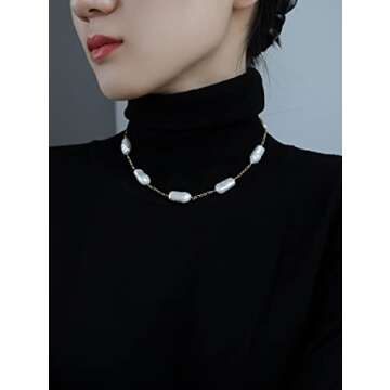 Cowlyn 18K Gold Satellite Choker Necklace Irregular Baroque Pearl Link Figaro Chain Dainty Handmade Jewelry for Women Valentine's Day Gift