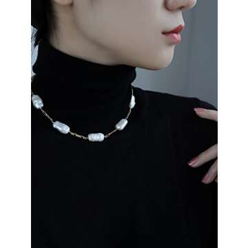 Cowlyn 18K Gold Satellite Choker Necklace Irregular Baroque Pearl Link Figaro Chain Dainty Handmade Jewelry for Women Valentine's Day Gift