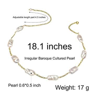 Cowlyn 18K Gold Satellite Choker Necklace Irregular Baroque Pearl Link Figaro Chain Dainty Handmade Jewelry for Women Valentine's Day Gift