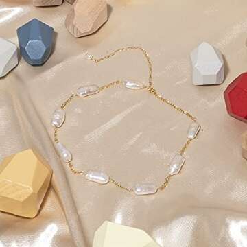 Cowlyn 18K Gold Satellite Choker Necklace Irregular Baroque Pearl Link Figaro Chain Dainty Handmade Jewelry for Women Valentine's Day Gift