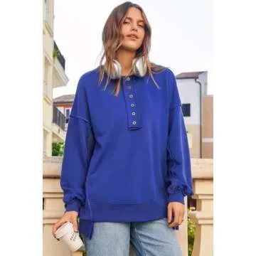 AlvaQ Stylish Women Sweatshirt Oversized Henley V Neck Casual Tops