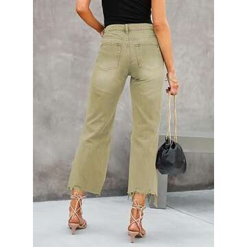 LOLONG Womens Jeans Trendy High Waisted Ripped Flare Distressed Bell Bottom Casual Pants Green