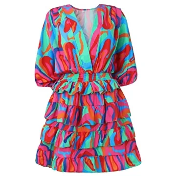 Stylish Summer Floral Tunic Dress with Three Quarter Sleeves