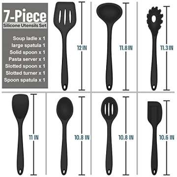 E-far Silicone Cooking Utensils Set, 7-Piece Black Heat Resistant Kitchen Utensils Set, Kitchen Nonstick Tools Spatula Ladle Spoon Pasta Server for Non-stick Cookware, Non-Toxic & Dishwasher safe