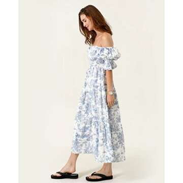 NOTHING FITS BUT Kiko Baby Shower Maternity Gown, Women’s Cotton Classic Linen Smocked Nursing Dress, Short Puffed Sleeves, Off Shoulder, Square Neckline, Shirred Bust, Calf-Length, Paris, S