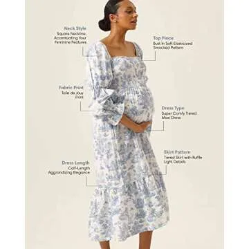 NOTHING FITS BUT Kiko Baby Shower Maternity Gown, Women’s Cotton Classic Linen Smocked Nursing Dress, Short Puffed Sleeves, Off Shoulder, Square Neckline, Shirred Bust, Calf-Length, Paris, S