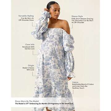 NOTHING FITS BUT Kiko Baby Shower Maternity Gown, Women’s Cotton Classic Linen Smocked Nursing Dress, Short Puffed Sleeves, Off Shoulder, Square Neckline, Shirred Bust, Calf-Length, Paris, S