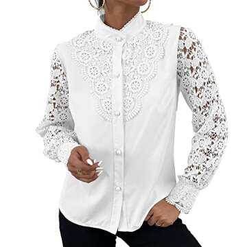 Rooscier Women's Lace Crochet Mock Neck Long Sleeve Button Elegant Blouse Shirt Top Solid White X-Sm...