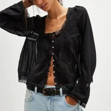 Women Y2k Long Sleeve Shirts Ruffles Lace Trim Sheer Mesh See Through Round Neck Going Out Tank Tops Blouses (Black, S)