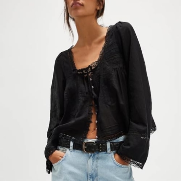 Women Y2k Long Sleeve Shirts Ruffles Lace Trim Sheer Mesh See Through Round Neck Going Out Tank Tops Blouses (Black, S)