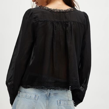 Women Y2k Long Sleeve Shirts Ruffles Lace Trim Sheer Mesh See Through Round Neck Going Out Tank Tops Blouses (Black, S)