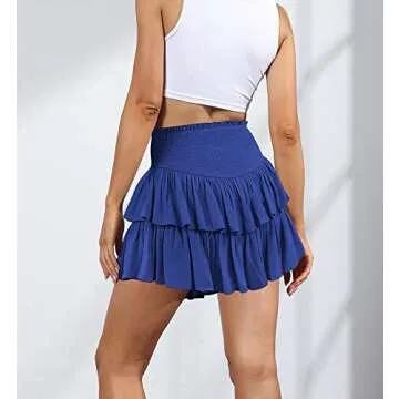 MiiVoo Women’s Summer High Waist Ruffle Short Mini Skirts Elastic Waist Solid Lined Layered Flared Pleated Beach Short Skirt (M, Royal Blue)