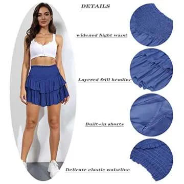 MiiVoo Women’s Summer High Waist Ruffle Short Mini Skirts Elastic Waist Solid Lined Layered Flared Pleated Beach Short Skirt (M, Royal Blue)