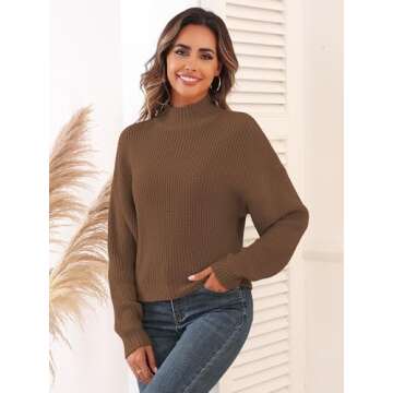 ZAFUL Women's Cropped Turtleneck Sweater Lantern Sleeve Ribbed Knit Pullover Sweater Jumper (1-deep ...