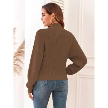 ZAFUL Women's Cropped Turtleneck Sweater Lantern Sleeve Ribbed Knit Pullover Sweater Jumper (1-deep Coffee, S)