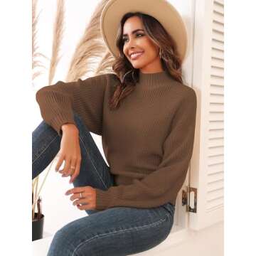 ZAFUL Women's Cropped Turtleneck Sweater Lantern Sleeve Ribbed Knit Pullover Sweater Jumper (1-deep Coffee, S)