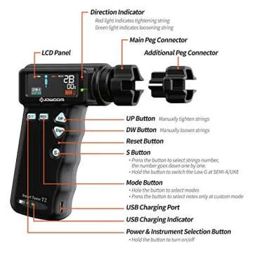 JOWOOM T2 Smart Automatic Guitar & Ukulele Tuner | Fast Acoustic Guitars Auto-Tuner With 180RPM Electric String Winder | Safe & Professional Grade Tuner For Ukuleles | USB Rechargeable Battery | Black