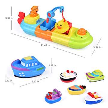 FUN LITTLE TOYS Baby Bath Toys, 7 PCs Toy Boats Include One Big Wind Up Bath Boat and 6 Bath Squirters Toy Boats, Birthday Gifts for Boys & Girls