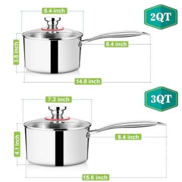 P&P CHEF Saucepan Pot Set of 2, 2 & 3 Quart, Tri-Ply Stainless Steel Sauce Pan with Long Handle & Vi...