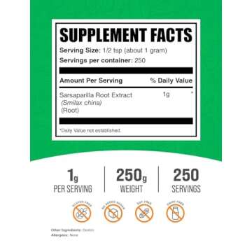 BulkSupplements Sarsaparilla Root Extract Powder - 1000mg, Herbal Support, Gluten-Free, 250g
