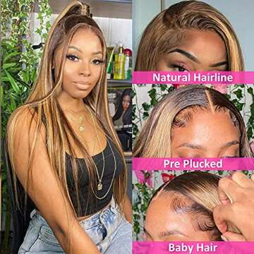 Subella HD Transparent Highlight Lace Front Wigs Human Hair for Black Women 180% Density Brazilian 4...