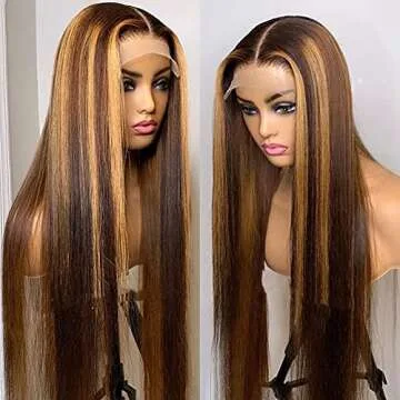 Subella HD Transparent Highlight Lace Front Wigs Human Hair for Black Women 180% Density Brazilian 4/27 Straight Human Hair Wigs Pre Plucked Hairline with Baby Hair(18inch)
