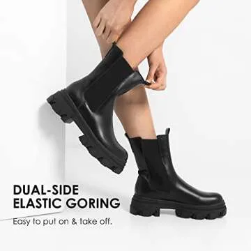 DREAM PAIRS Women's Platform Chelsea Boots Lug Sole Combat Mid Calf Slip On Chunky Ankle Booties,Size 9.5,Black/Pu,DMB212
