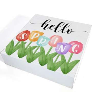 Spring Decor - Spring Decorations - Hello Spring Tulip Wooden Decorative Sign - Home Decor for Desk Table Shelf 5 x 5 Inches
