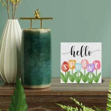 Spring Decor - Spring Decorations - Hello Spring Tulip Wooden Decorative Sign - Home Decor for Desk Table Shelf 5 x 5 Inches