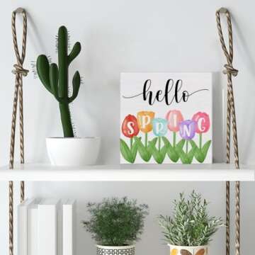Spring Decor - Spring Decorations - Hello Spring Tulip Wooden Decorative Sign - Home Decor for Desk Table Shelf 5 x 5 Inches