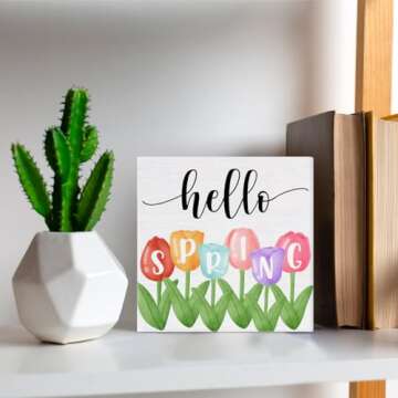 Spring Decor - Spring Decorations - Hello Spring Tulip Wooden Decorative Sign - Home Decor for Desk Table Shelf 5 x 5 Inches