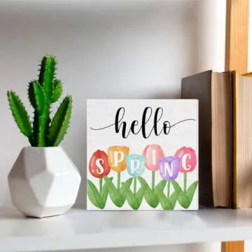Spring Decor - Spring Decorations - Hello Spring Tulip Wooden Decorative Sign - Home Decor for Desk Table Shelf 5 x 5 Inches