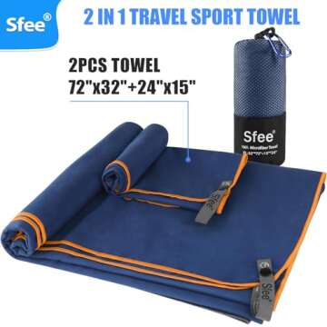 Sfee 2 Pack Microfiber Travel Towel, Quick Dry Towel Camping Towel Large Beach Towel Super Absorbent Compact Lightweight Sports Towel Gym Towel Set for Beach, Gym, Hiking, Pool, Backpacking,Bath,Yoga