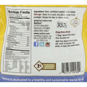 Nutiva Organic Premium Raw White Chia Seeds, 12 Oz, USDA Organic, Non-GMO, Whole 30 Approved, Vegan, Gluten-Free & Keto, Nutrient-Dense Seeds with 3g Protein & 5g Fiber for Salads, Yogurt & Smoothies