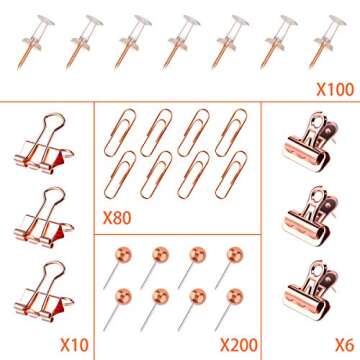 Push Pins Binder Clips Paper Clips Map Tacks Sets, 5 Styles 396 Pcs Rose Gold Pack for Office, Schoo...