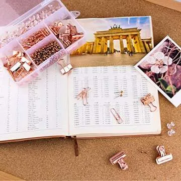 Push Pins Binder Clips Paper Clips Map Tacks Sets, 5 Styles 396 Pcs Rose Gold Pack for Office, School and Home Supplies (Pin and Clips)