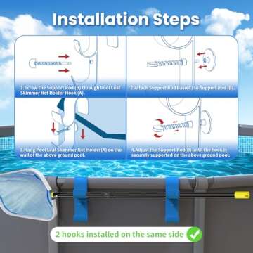 AquaJoyer Poolside Pool Leaf Skimmer Net Holder, Above Ground Pool Pole Hanger, Above Ground Pool Accessories,Adjustable Telescopic Pool Pole Hooks,Pool Brush Hanger Tool Pool Equipment [Patented]